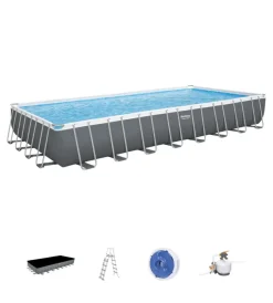 Bestway Piscine|Piscina fuori terra con struttura rettangolare "power steel frame" con telo, pompa e scaletta grigio scuro 956x488x132 cm - cod. 56623-new