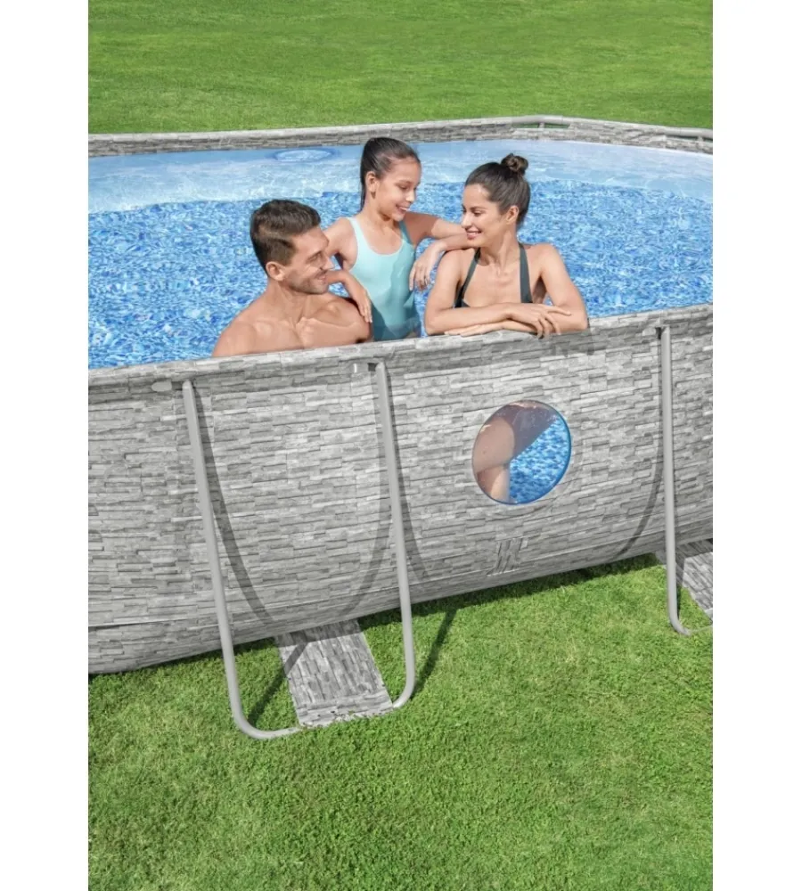 Bestway Piscine|Piscina fuori terra con struttura ovale "power steel swim vista" con oblo' effetto pietra 488x305x107 cm
