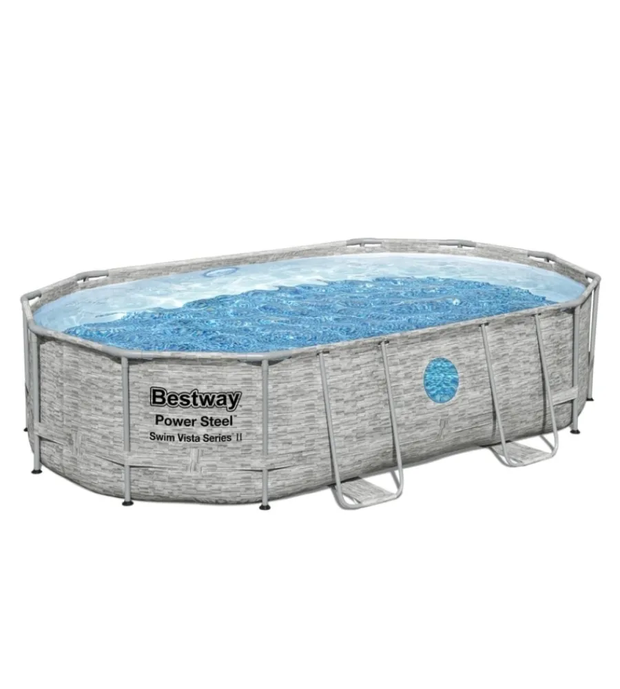 Bestway Piscine|Piscina fuori terra con struttura ovale "power steel swim vista" con oblo' effetto pietra 488x305x107 cm