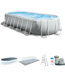 Clearance Piscina fuori terra con struttura ovale "prisma" con pompa filt grigio chiaro 610x305x122 cm - cod. 26798np Piscine