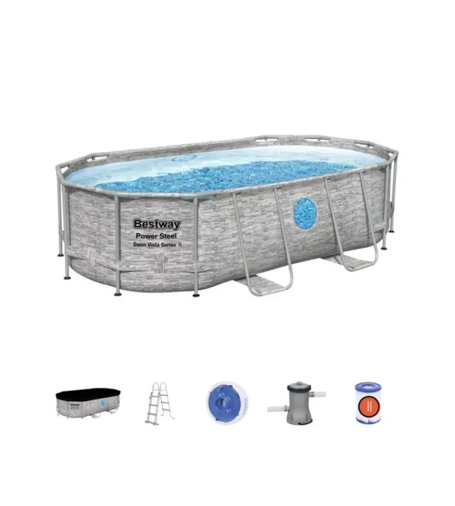 Piscina fuori terra con struttura ovale "power steel" con filtro, scala, copertura, chemconnect e oblo' effetto finta pietra 427x250x100 cm - cod. 56714 Piscine