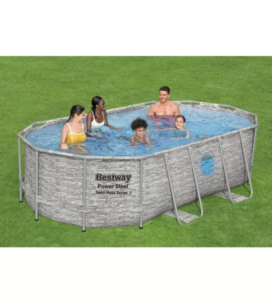Piscina fuori terra con struttura ovale "power steel" con filtro, scala, copertura, chemconnect e oblo' effetto finta pietra 427x250x100 cm - cod. 56714 Piscine