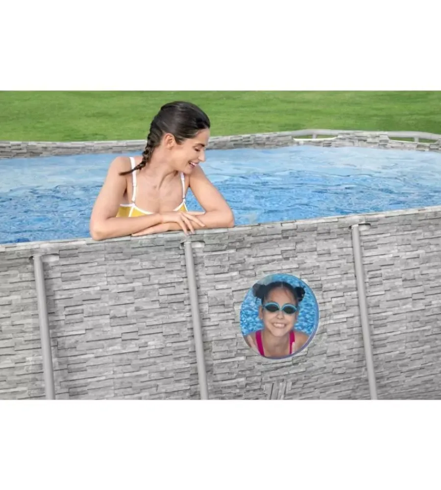 Piscina fuori terra con struttura ovale "power steel" con filtro, scala, copertura, chemconnect e oblo' effetto finta pietra 427x250x100 cm - cod. 56714 Piscine