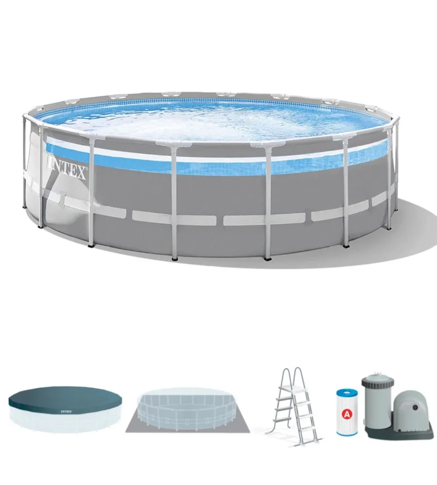 Intex Piscine|Piscina fuori terra con struttura rotonda "prisma frame clearview" grigio chiaro 488x488x122 cm - cod. 26730np