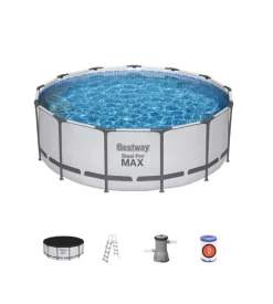 Bestway Piscine|Piscina fuori terra con struttura rotonda "pro max" con pompa, filtro, telo di copertura e scaletta grigio chiaro 396x122 cm - cod. 5618w