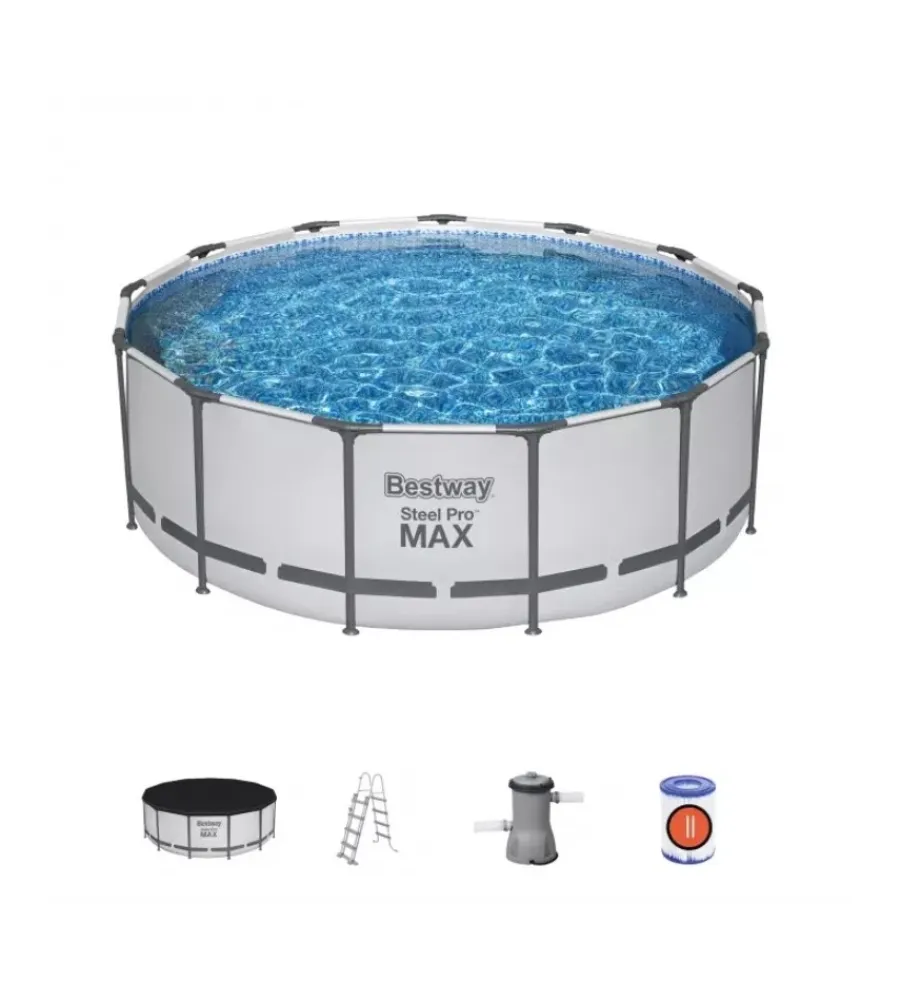Bestway Piscine|Piscina fuori terra con struttura rotonda "pro max" con pompa, filtro, telo di copertura e scaletta grigio chiaro 396x122 cm - cod. 5618w