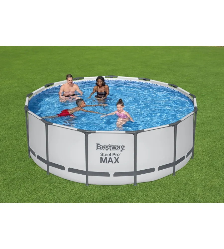Bestway Piscine|Piscina fuori terra con struttura rotonda "pro max" con pompa, filtro, telo di copertura e scaletta grigio chiaro 396x122 cm - cod. 5618w