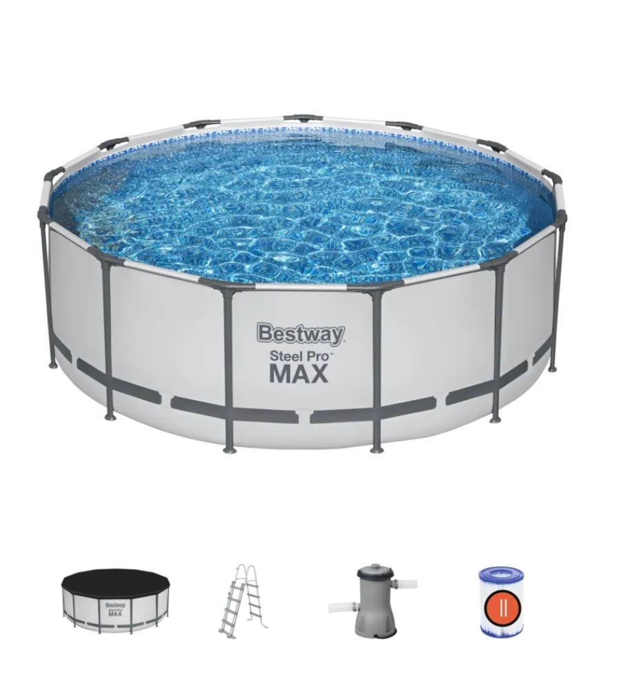 Bestway Piscine|Piscina fuori terra con struttura rotonda "pro max" con pompa, filtro, telo di copertura e scaletta grigio chiaro 396x122 cm - cod. 5618w