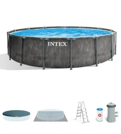Intex Piscine|Piscina fuori terra con struttura rotonda "prism greywood" pompa filtro effetto legno grigio 457x122 cm - cod. 26742np