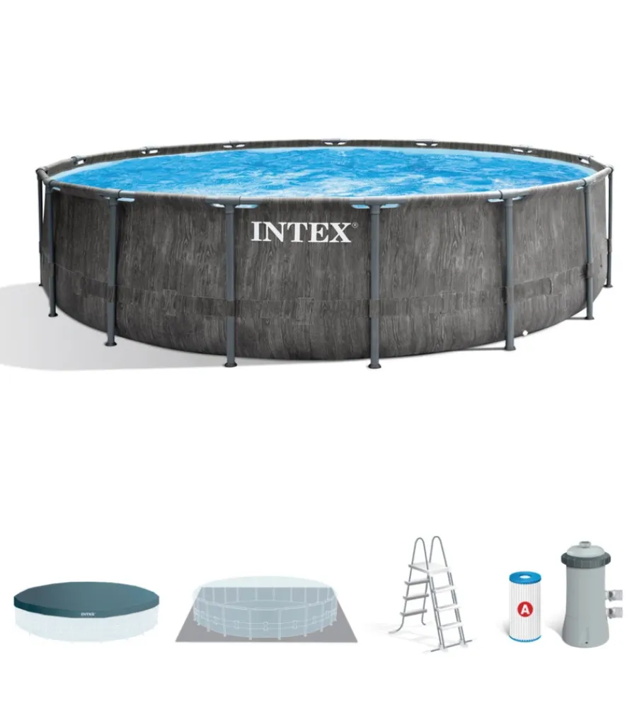 Intex Piscine|Piscina fuori terra con struttura rotonda "prism greywood" pompa filtro effetto legno grigio 457x122 cm - cod. 26742np