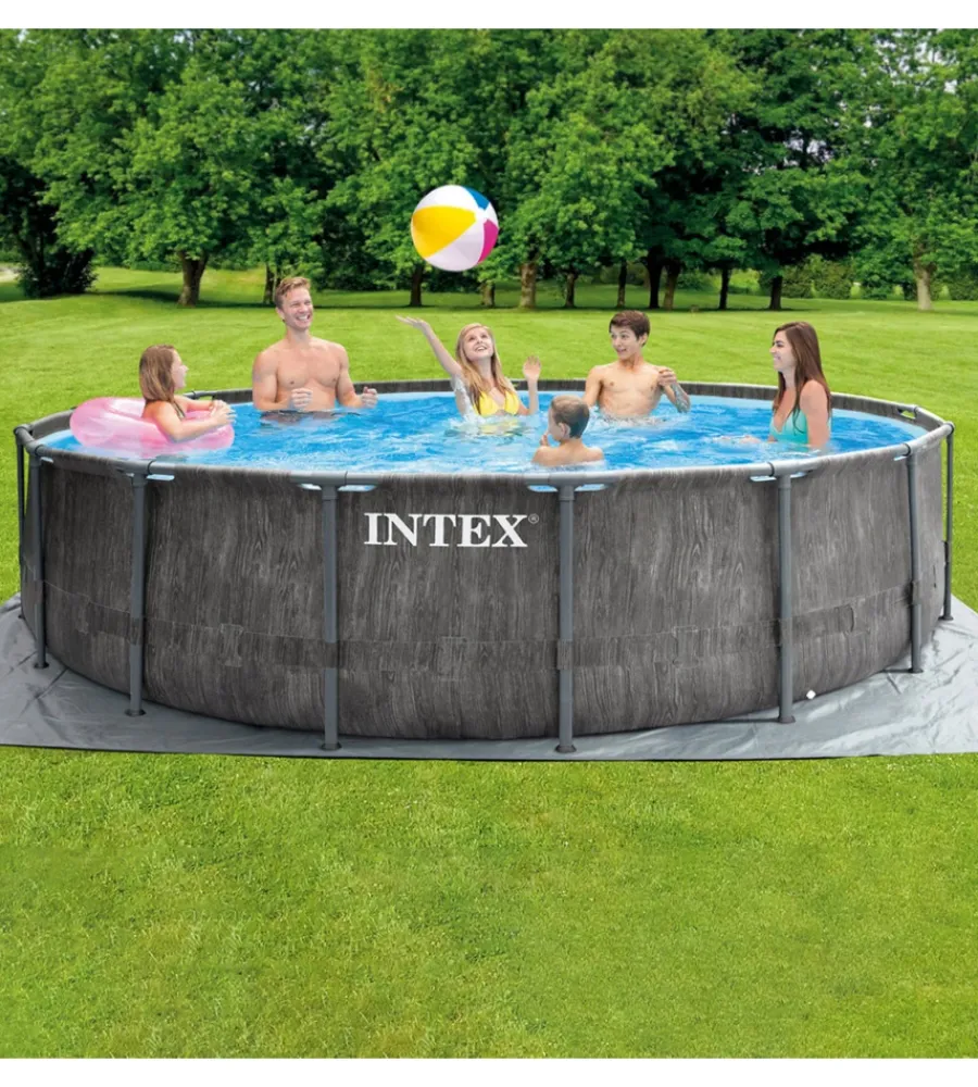 Intex Piscine|Piscina fuori terra con struttura rotonda "prism greywood" pompa filtro effetto legno grigio 457x122 cm - cod. 26742np