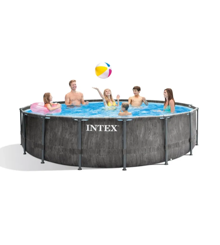 Intex Piscine|Piscina fuori terra con struttura rotonda "prism greywood" pompa filtro effetto legno grigio 457x122 cm - cod. 26742np