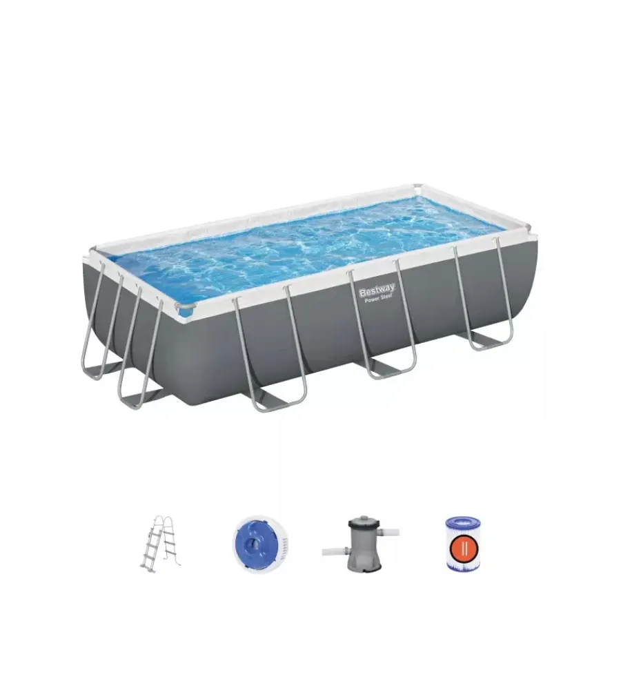 Bestway Piscine|Piscina fuori terra con struttura rettangolare "power steel frame" con pompa, filtro e scaletta e chemconnect grigio scuro 404x201x100 cm - cod. 56441-new