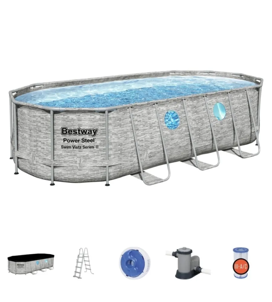 Bestway Piscine|Piscina fuori terra con struttura ovale "power steel swim vista" effetto pietra 549x274x122 cm