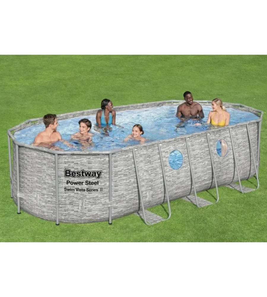 Bestway Piscine|Piscina fuori terra con struttura ovale "power steel swim vista" effetto pietra 549x274x122 cm