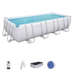 Piscine-Bestway Piscina fuori terra con struttura rettangolare "power steel frame" con filtro a sabbia, scaletta e telo di copertura grigio chiaro 488x244x122 cm - cod. 56671