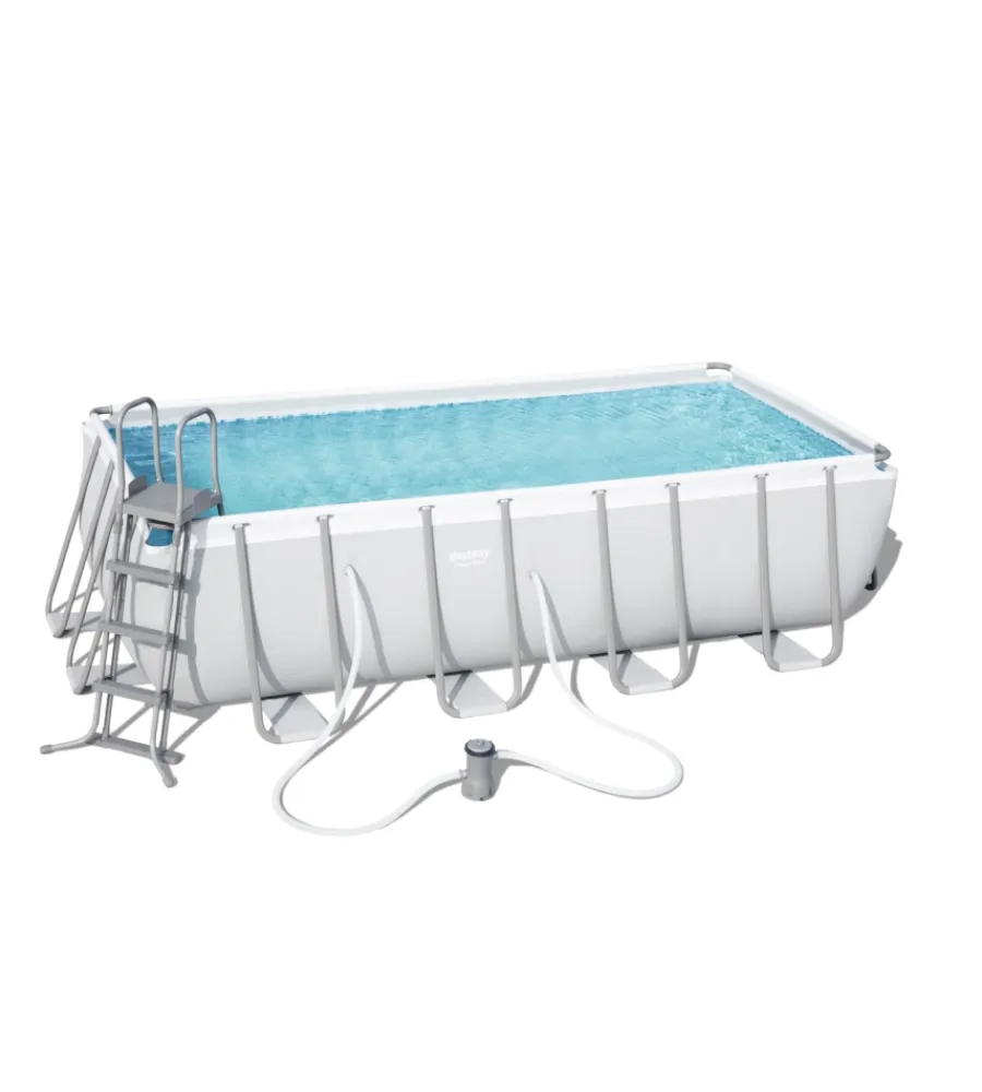 Piscine-Bestway Piscina fuori terra con struttura rettangolare "power steel frame" con filtro a sabbia, scaletta e telo di copertura grigio chiaro 488x244x122 cm - cod. 56671