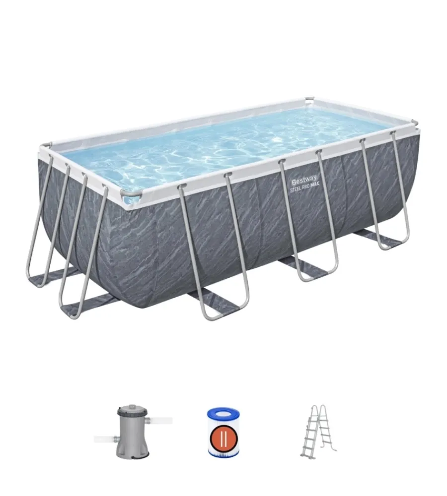 Bestway Piscine|Piscina fuori terra con struttura rettangolare "power steel frame" con pompa + scala effetto marmo 412x201x122 cm - cod. 56722-new