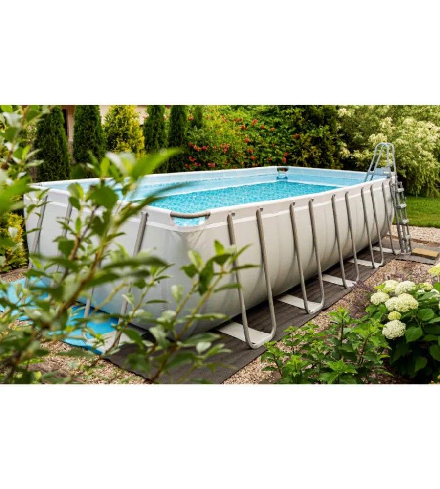 Sale Piscina fuori terra con struttura rettangolare "power steel frame" con pompa, telo e scaletta grigio chiaro 732x366x132 cm - cod. 56475 Piscine