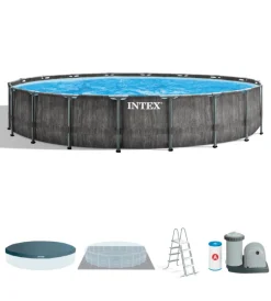 Piscine-Intex Piscina fuori terra con struttura rotonda "prisma frame greywood" effetto legno antracite 549x549x122 cm - cod. 26744np