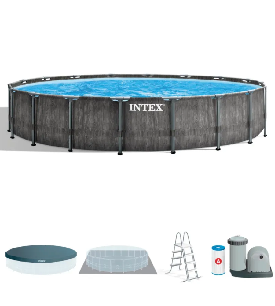 Piscine-Intex Piscina fuori terra con struttura rotonda "prisma frame greywood" effetto legno antracite 549x549x122 cm - cod. 26744np