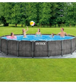 Piscine-Intex Piscina fuori terra con struttura rotonda "prisma frame greywood" effetto legno antracite 549x549x122 cm - cod. 26744np
