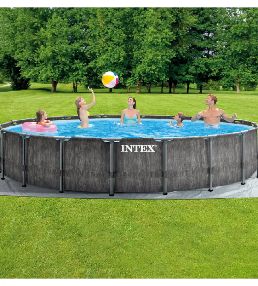 Piscine-Intex Piscina fuori terra con struttura rotonda "prisma frame greywood" effetto legno antracite 549x549x122 cm - cod. 26744np