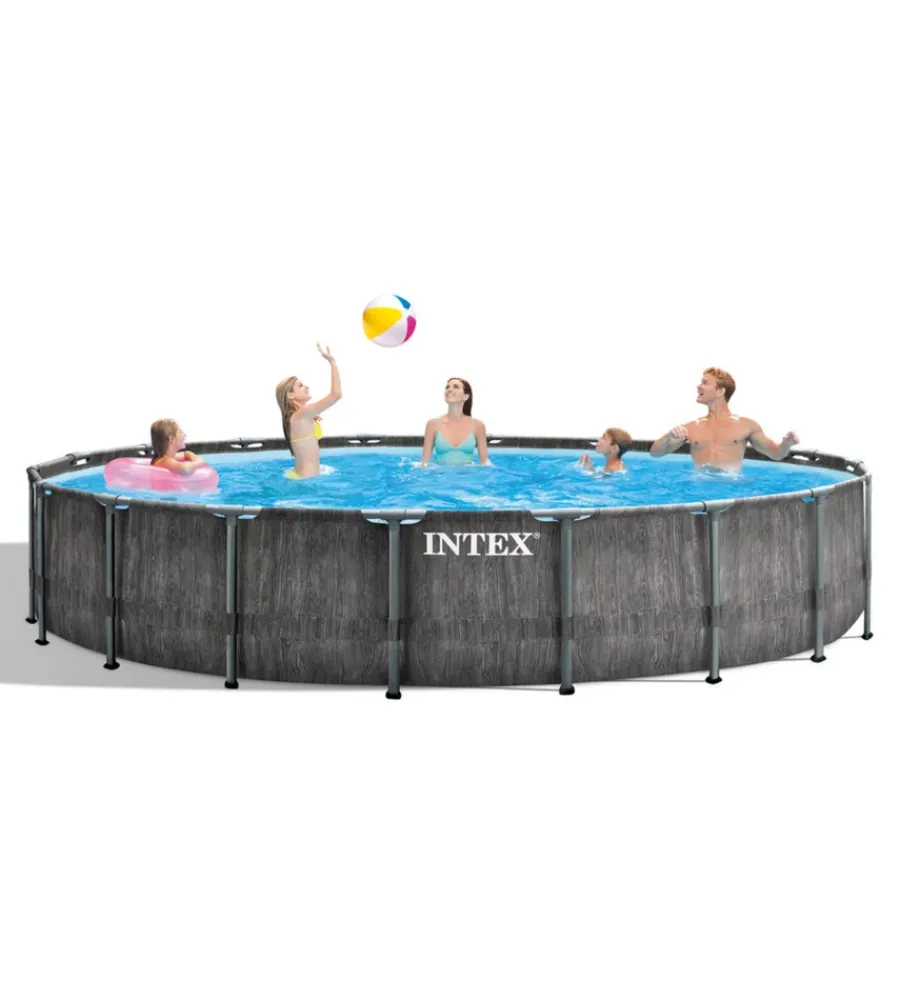 Piscine-Intex Piscina fuori terra con struttura rotonda "prisma frame greywood" effetto legno antracite 549x549x122 cm - cod. 26744np