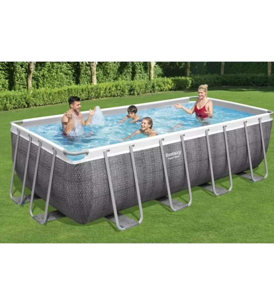 Piscine-Bestway Piscina fuori terra con struttura rettangolare "power steel frame" con copertura, filtro, scala e chemconnect effetto rattan 488x244x122 cm - cod. 56996