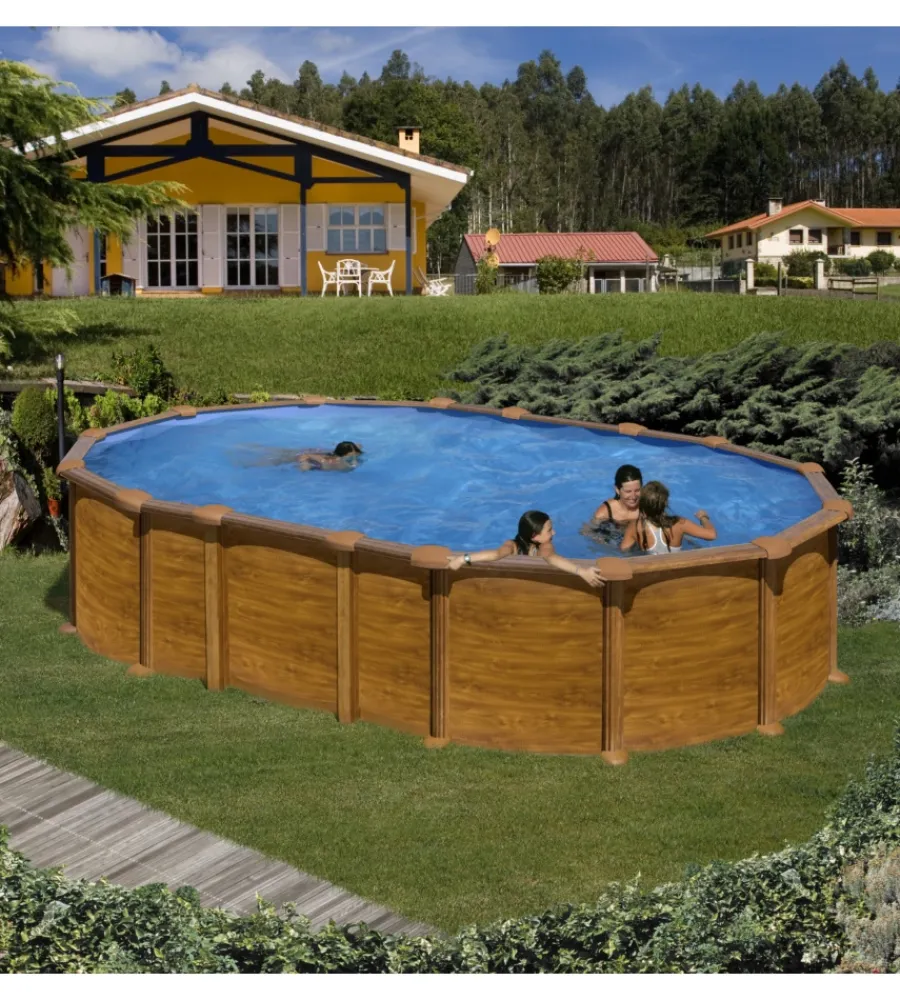 Piscine-Gre Piscina fuori terra ovale "amazonia" in acciaio effetto legno 610x375x132 - cod. kitprov6188wo