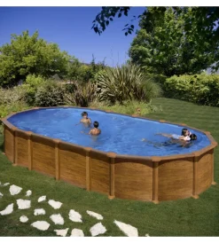 Gre Piscine|Piscina fuori terra ovale "amazonia" in acciaio effetto legno 730x375x132 - cod. kitprov7388wo