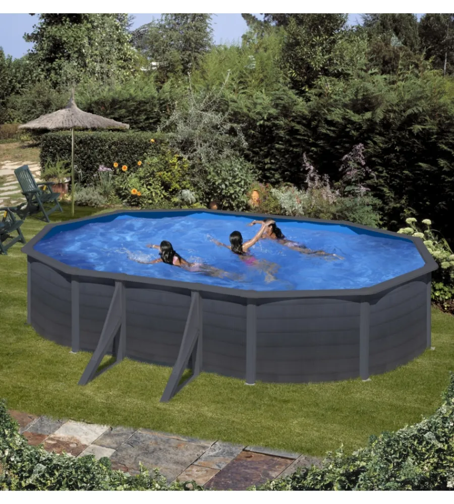 Gre Piscine|Piscina fuori terra ovale "kea" in acciaio colore grafite 610x375x120 - cod. kit610gf