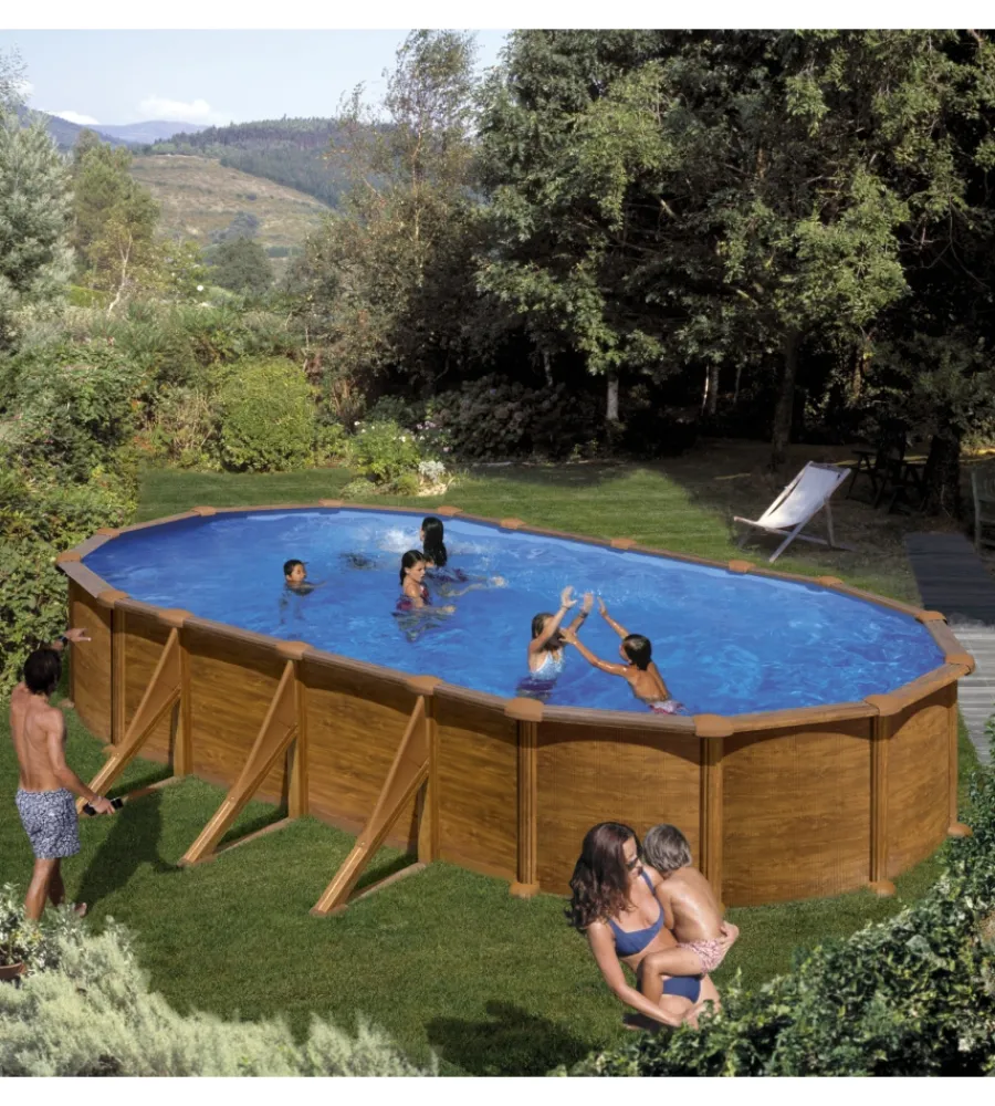 Gre Piscine|Piscina fuori terra ovale "mauritius" in acciaio effetto legno 730x375x132 - cod. kitprov738wo