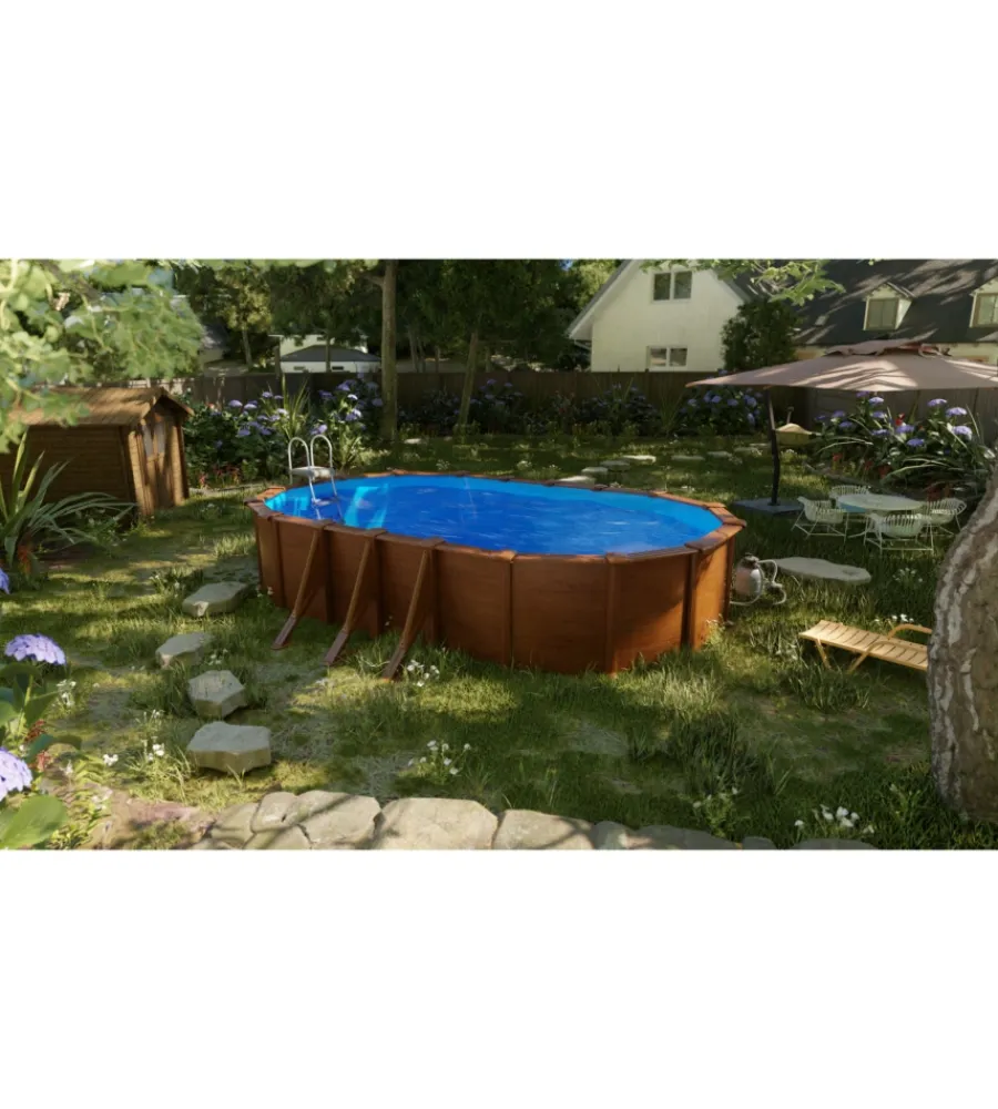 Piscina fuori terra ovale "pacific" in acciaio effetto legno 730x375x120 - cod. kit730w Piscine