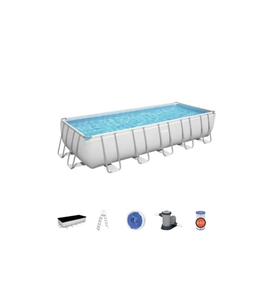 Piscine-Bestway Piscina fuori terra rettangolare con struttura "power steel frame" con pompa, scaletta, cover e chemconnect grigio chiaro 640x274x132 cm - cod. 5612b