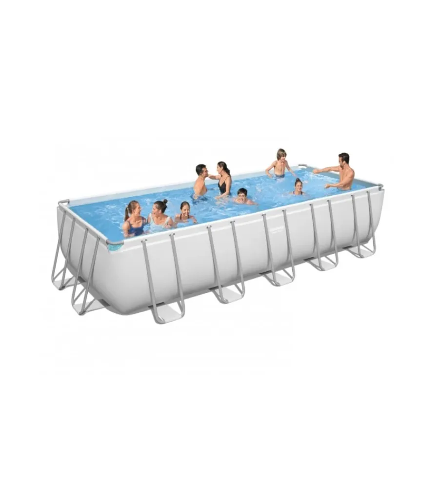 Piscine-Bestway Piscina fuori terra rettangolare con struttura "power steel frame" con pompa, scaletta, cover e chemconnect grigio chiaro 640x274x132 cm - cod. 5612b