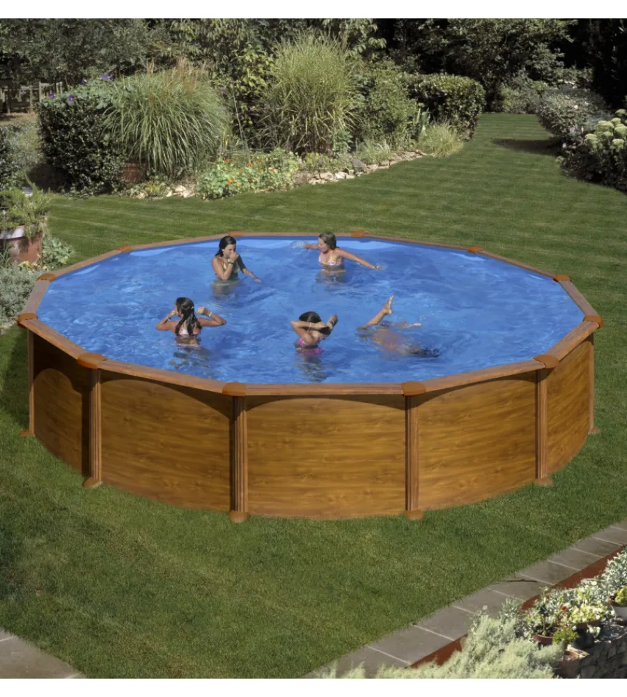 Gre Piscine|Piscina fuori terra rotonda "mauritius" in acciaio effetto legno 550x550x132 - cod. kitpr558wo