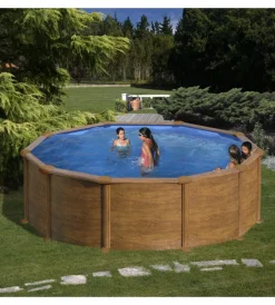 Piscine-Gre Piscina fuori terra rotonda "mauritius" in acciaio effetto legno 350x350x132 - cod. kitpr358wo