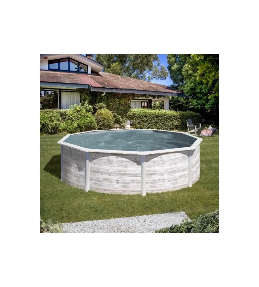 Gre Piscine|Piscina fuori terra rotonda "finlandia" in acciaio effetto legno nordico 240x240x120 - cod. kit460n