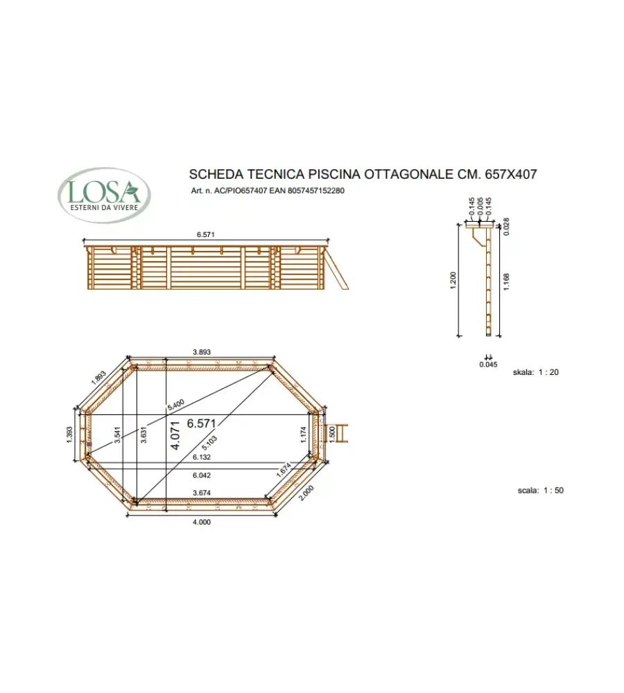 Piscine- Piscina ottagonale in legno di pino impregnato in autoclave, 657x407 cm