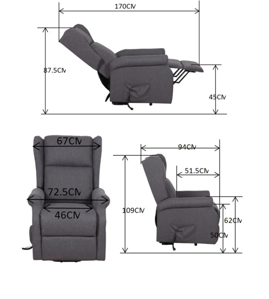 BellaHome Poltrone E Pouf|Poltrona con recliner elettrico "berg" tessuto mattone, 72,5x94x109 cm