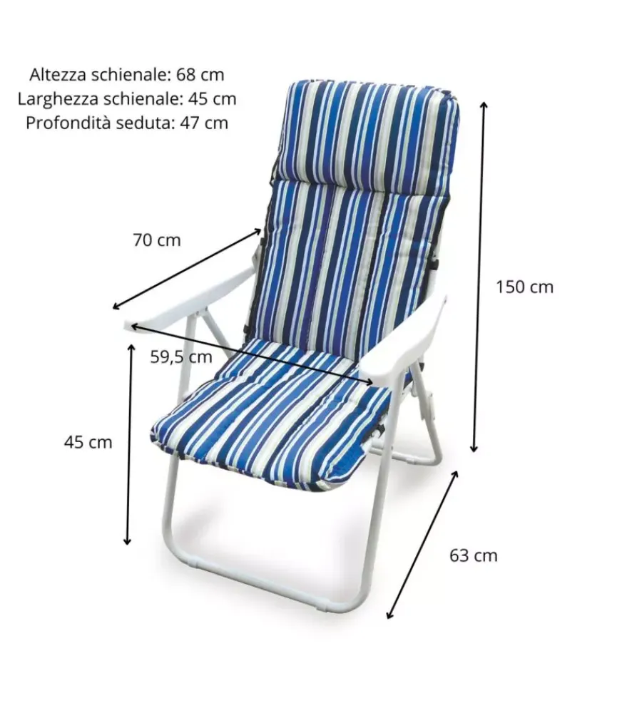 Mobili Da Giardino E Accessori- Poltrona da esterno pieghevole, multiposizione e imbottita essenza "ischia" in acciaio a righe blu 68x58x106 cm