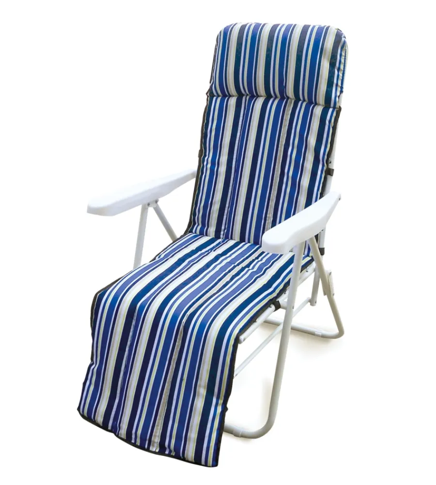 Mobili Da Giardino E Accessori|Poltrona da esterno pieghevole, multiposizione e imbottita essenza "ischia" in acciaio a righe blu con poggiapiedi 77x58x106 cm