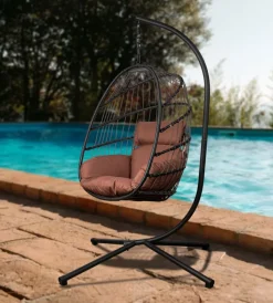 Mobili Da Giardino E Accessori- Poltrona sospesa da esterno pieghevole eurogarden in metallo e pe rattan marrone 103x108x192 cm