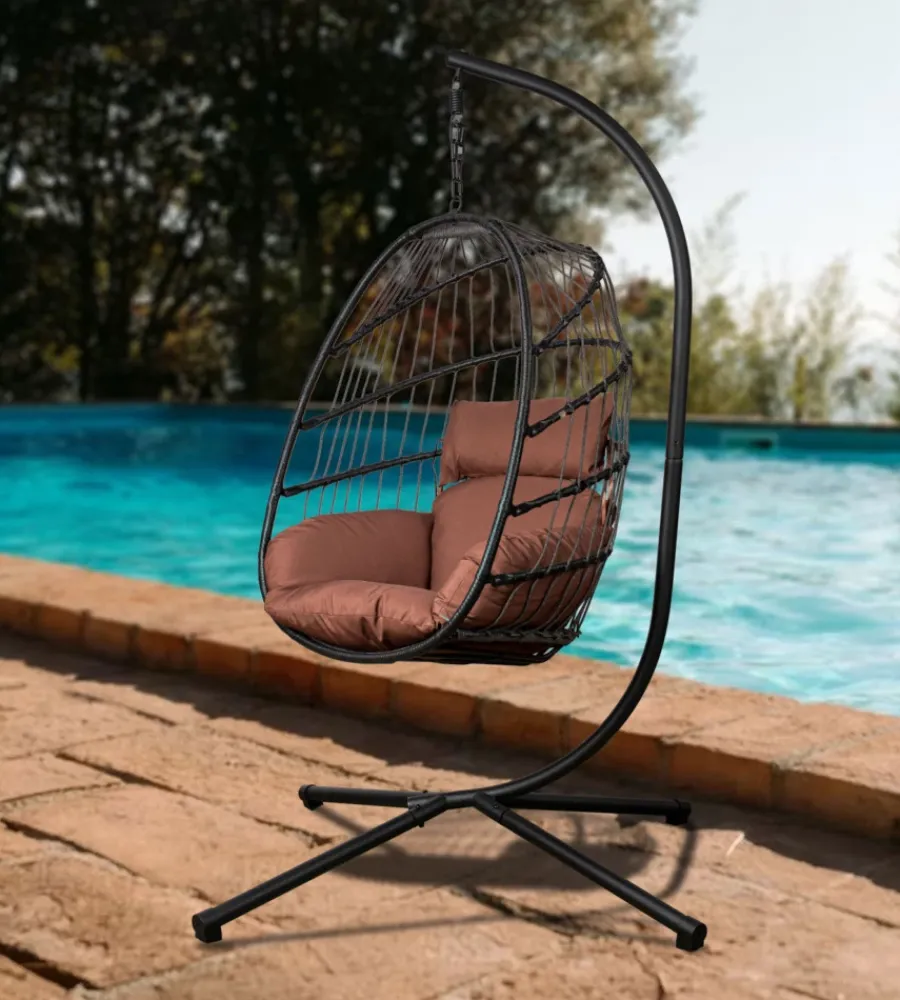 Mobili Da Giardino E Accessori- Poltrona sospesa da esterno pieghevole eurogarden in metallo e pe rattan marrone 103x108x192 cm