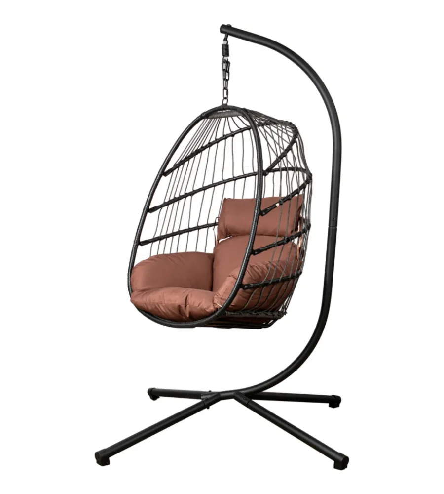 Mobili Da Giardino E Accessori- Poltrona sospesa da esterno pieghevole eurogarden in metallo e pe rattan marrone 103x108x192 cm