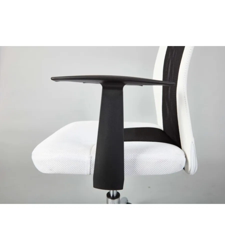 Sedie Ufficio- Poltroncina ufficio bianca con braccioli e ruote, 55x54,5x85-95 cm