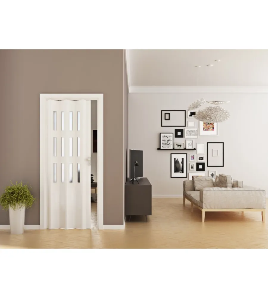 Porte, Scale E Pavimenti-Forte Porta a soffietto da interno "luciana" bianco con vetro 88,5x214 cm