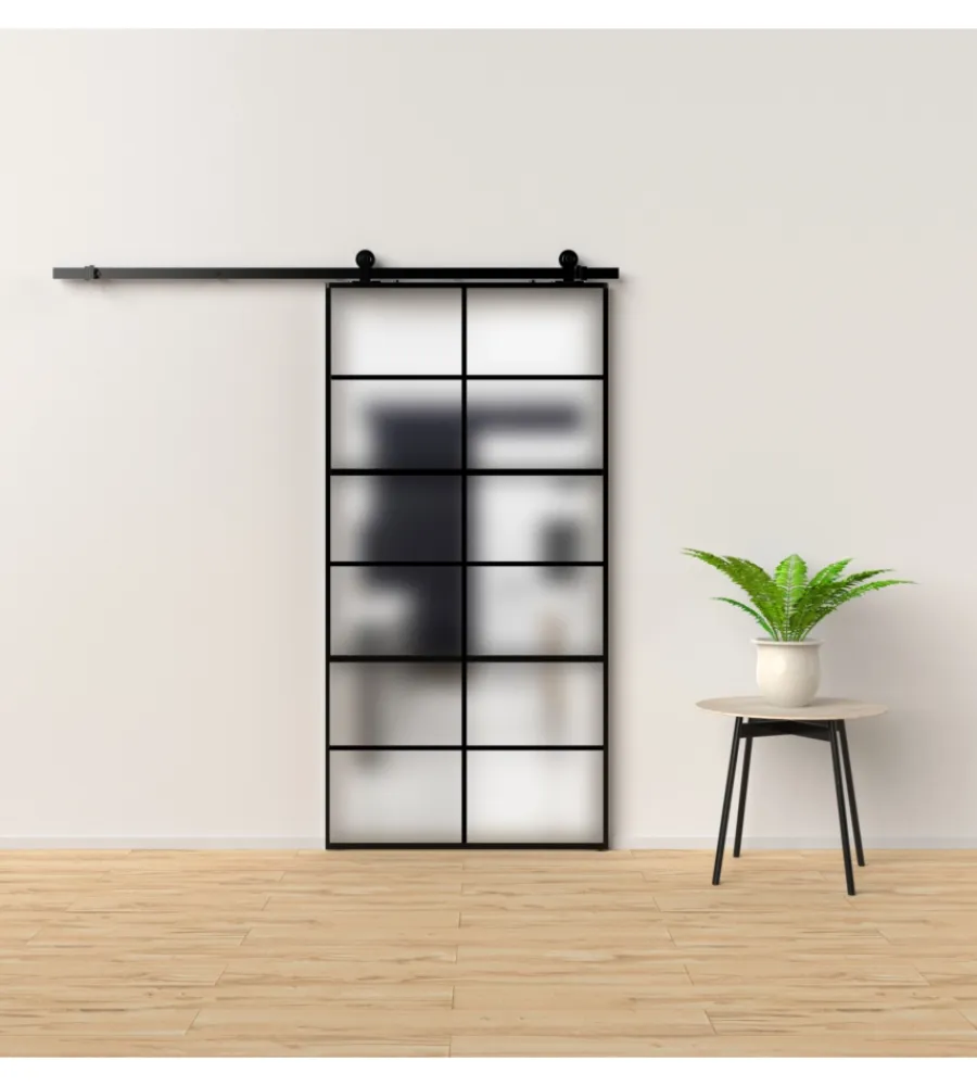 Porte, Scale E Pavimenti- Porta scorrevole in alluminio nero e 12 sezioni in vetro satinato 96x220 cm