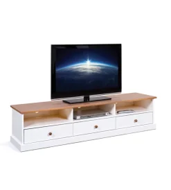 Pareti Soggiorno E Porta Tv- Porta tv in pino massello bianco e noce 3 cassetti, 180x45,5x41 cm